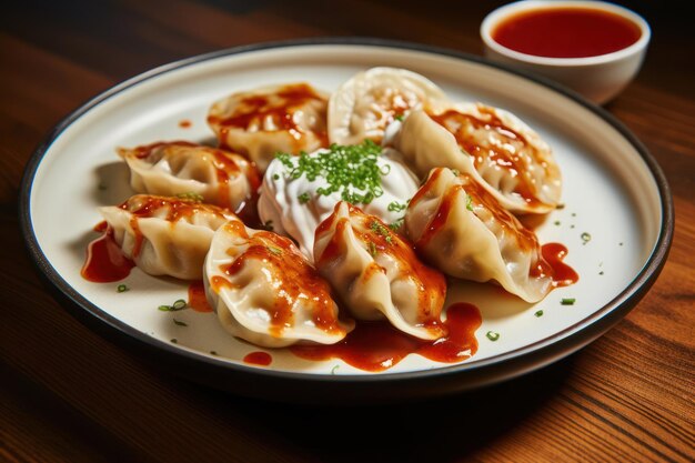 dumplings on a plate with sauce herbs food made from dough with meat