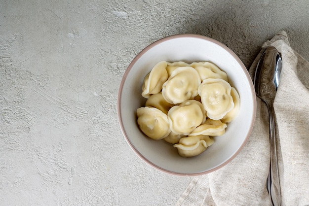 Dumplings in a white ceramic plate copy space