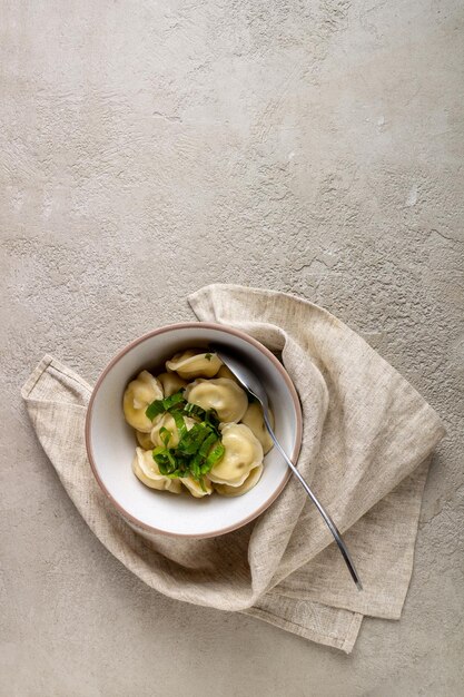 Dumplings in white ceramic plate on gray plaster copy space