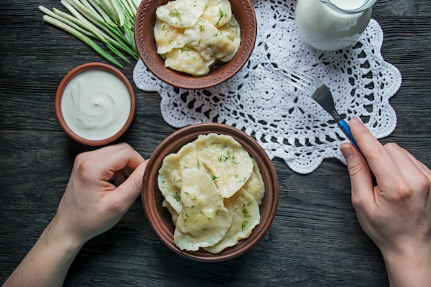 Dumplings with potatoes and cabbage. 