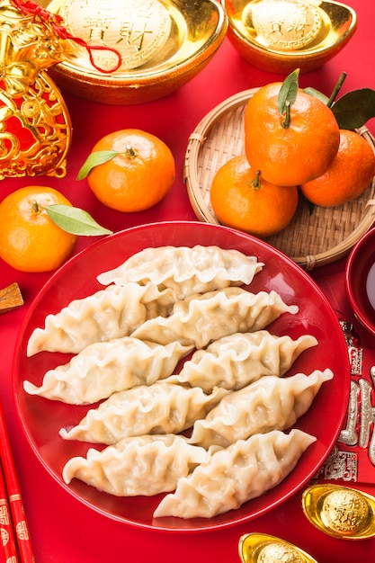 Photo dumplings with tangerines and soy sauce