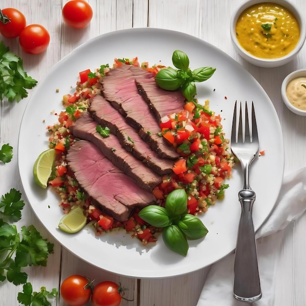 Dun gesneden roastbeeffilet met quinoa en tomatenpeper salsa op een wit bord op een wit houten t