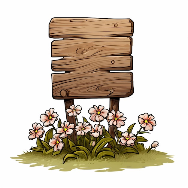 Foto dun teken enkele houten basis met bloemen geen boodschap cartoon stijl witte achtergrond