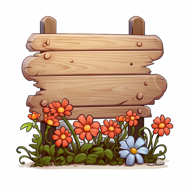 dun teken enkele houten basis met bloemen geen boodschap cartoon stijl witte achtergrond