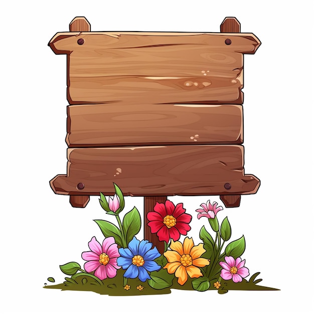 Foto dun teken enkele houten basis met bloemen geen boodschap cartoon stijl witte achtergrond