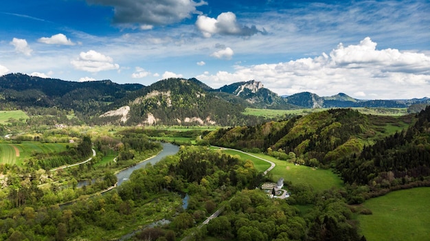 Dunajec river flowing towards Three Crowns mountain peak in Poland