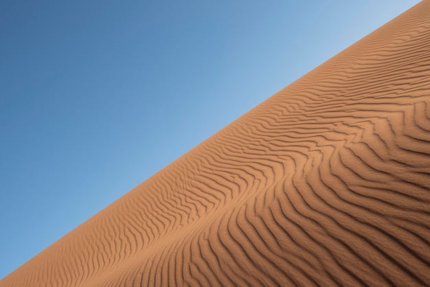 Dunes in the desert under sunlight and a blue sky in the Sahara, Morocco, Africa