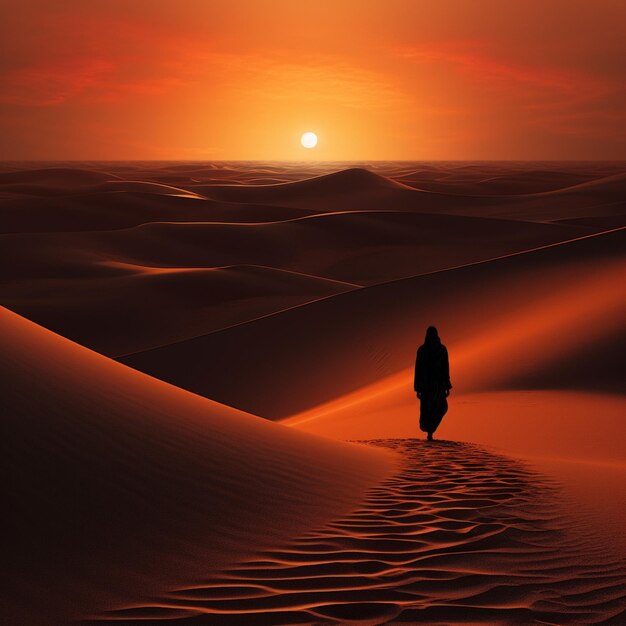 Dunes at sunset with a silhouette of a person