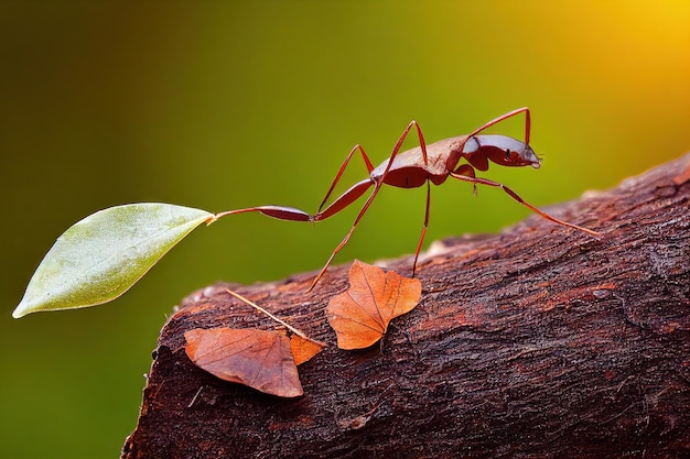Dunne rode mieren kruipen op houten tak op heldergroene achtergrond