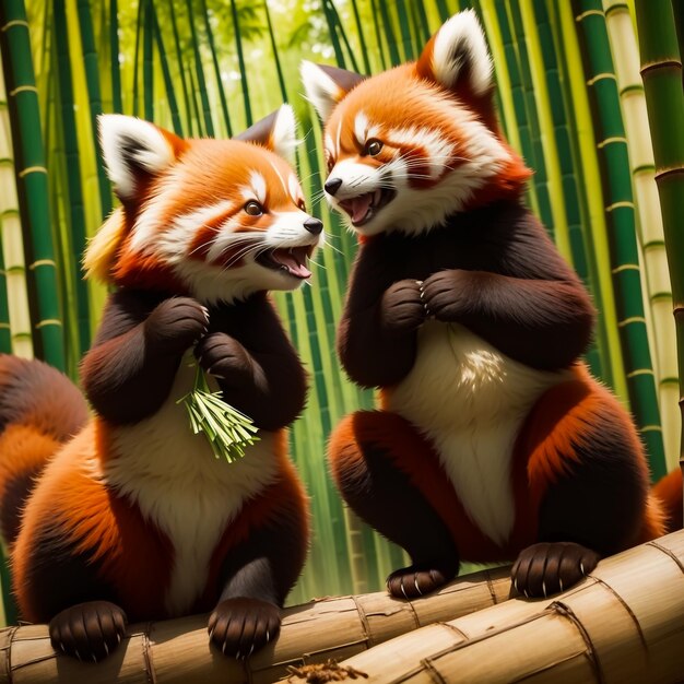 A duo of adorable red pandas relishing a delectable bamboo feast