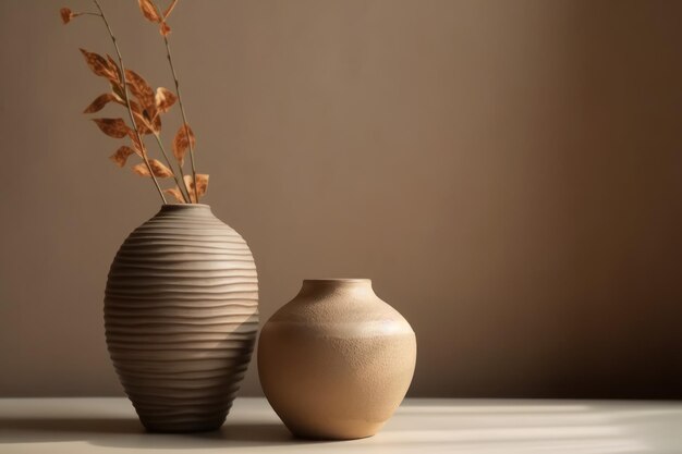 Duo of modern vases on a brown wall background