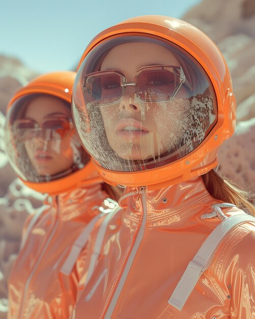 Photo a duo in retrofuturistic space explorer attire wallpaper