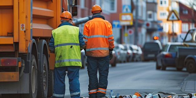 Photo a duo of sanitation workers collecting refuse and loading it onto a truck from trash receptacles