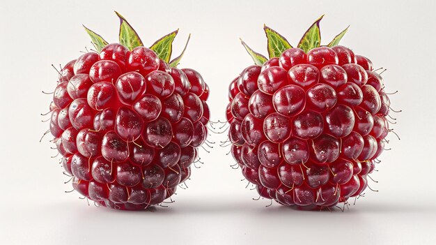 A duo of succulent fresh raspberries on a white backdrop