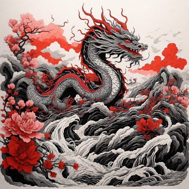 Duo Tone Chinese Dragon Vector Art Illustration