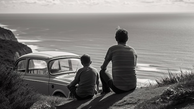 Duo van vader en zoon zittend op een auto aan het strand kijkend naar de ondergaande zon