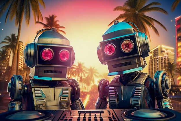 DJ 콘솔 뒤에 있는 빈티지 로봇 DJ 듀오가 일렉트로닉 음악과 함께 신나는 디스코 파티에 여러분을 초대합니다.