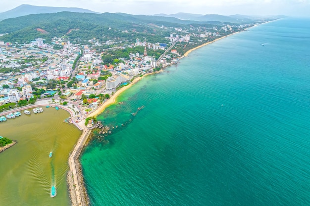 Duong Dong town, Phu Quoc, Vietnam, 조감도, 이것은 Phu Quoc 섬 남쪽의 중심 도시입니다.