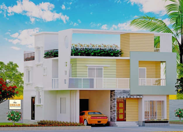 A duplex house with a yellow car parked in front of it