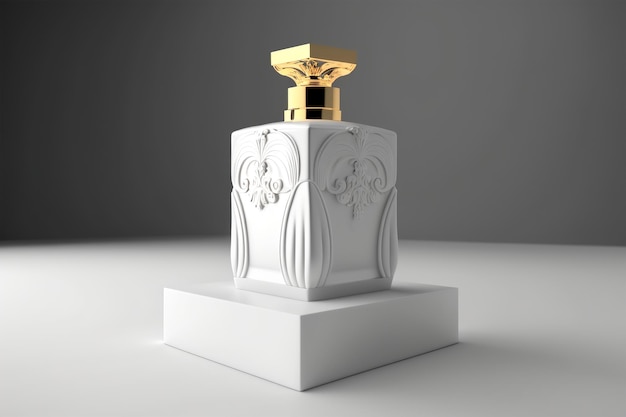 Dure versierde parfumfles met gouden dop op podium Generatieve AI