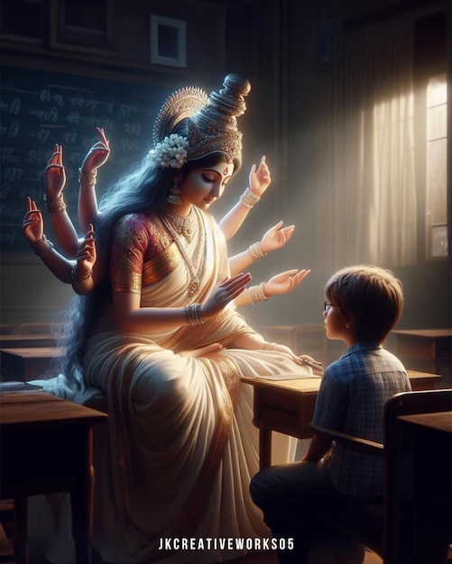 Durga Mata Hindu goddess blessing child drawing