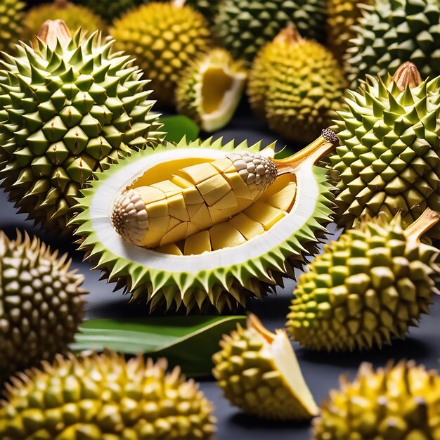 Durian fruit in bamboo basket on wooden table