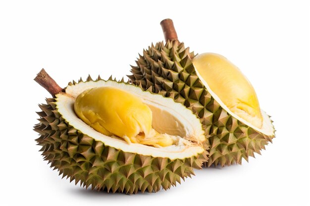 Durian fruit and cut in half slice isolated on white