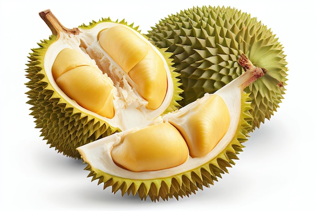 A durian fruit is shown on a white background