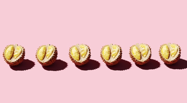 Durian Fruit op roze achtergrond bovenaanzicht. plat liggen. 3D geef het concept van het fruitidee terug.