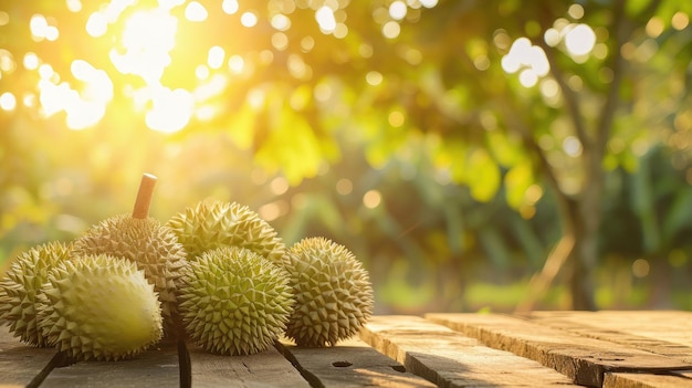 Durian fruit on wooden table with blur durian plantation background