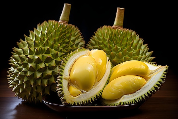 durian fruithelften en een blad op witte achtergrond