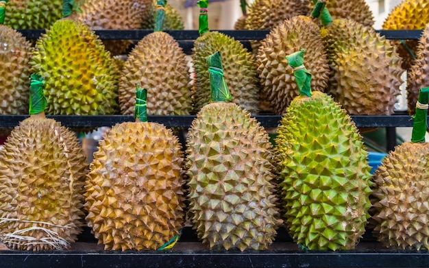 Durian fruits lying on the counter