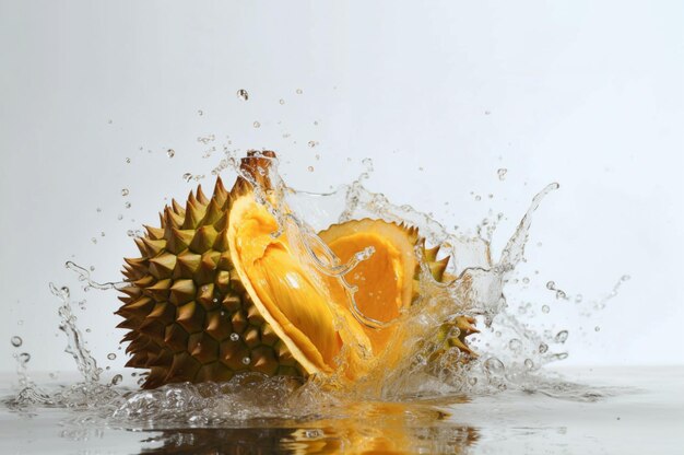 A durian is being dropped into a water.