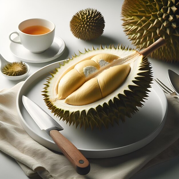ドゥリアン (durian) は白い背景の白い皿の上に置かれています