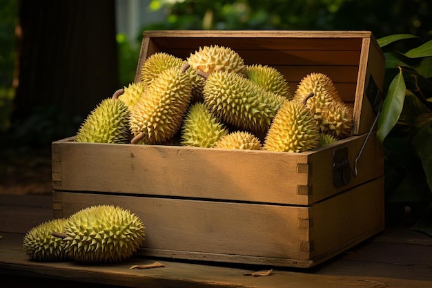 Foto durianvruchten in een houten kist met stro-polsteringdurian-vruchtenfoto's