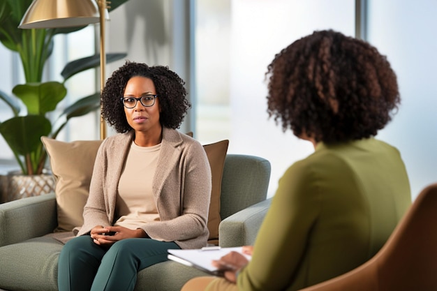 Photo during a breakthrough session with a client african american female counselor demonstrates empathy