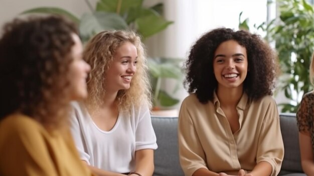 Photo during a business meeting or therapy session a group of young different ladies are talking about something focus generative ai