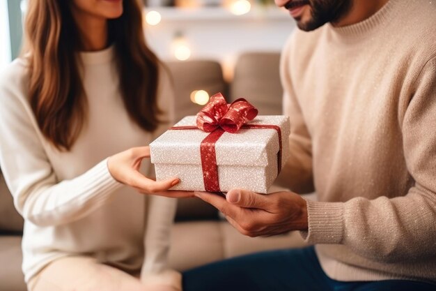 During the christmas season a man and a woman lovingly exchange gifts with each other