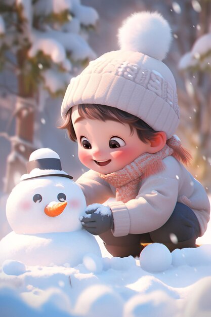 Photo during the great cold season 3d scene illustration of children making snowmen during winter outdoor