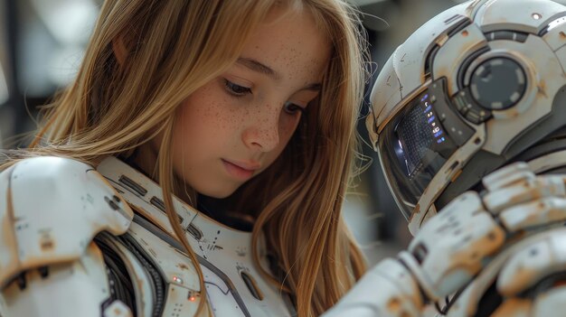 Photo during school a young girl plays with a humanoid robot