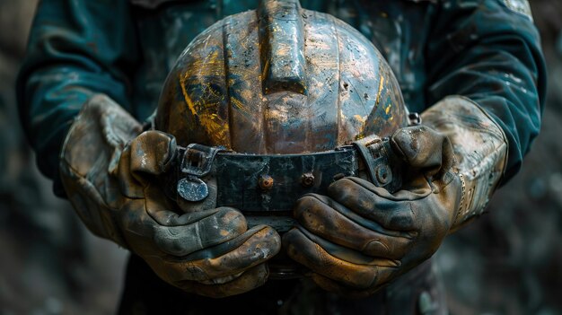 Photo durty hands of miner worker hold helmet no face