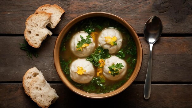 Photo dushbara dumpling soup served with bread on wooden table