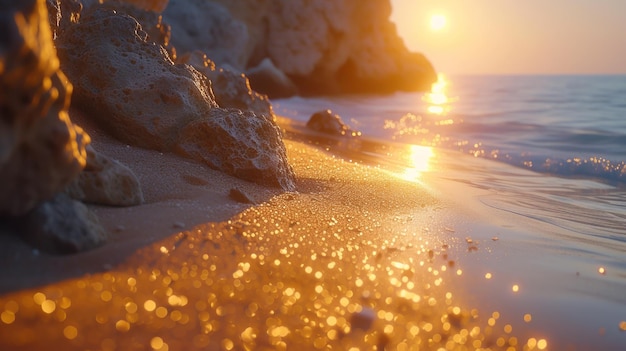 Photo dusk at the beach with sunkissed rocks and sand highlighting the sparkle of nature