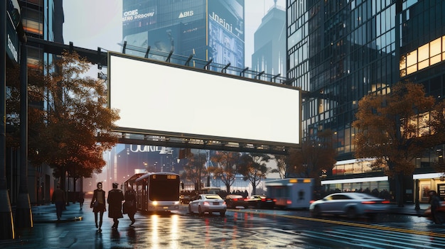 Dusk City Scene with Blank Billboard for Advertising Mockup