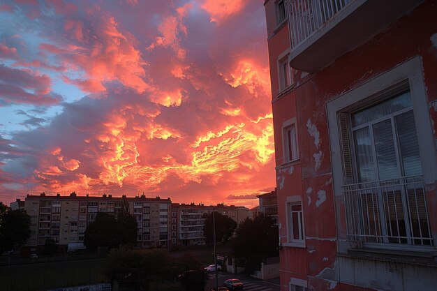 都市上の夕暮れの雲の空 プロの写真