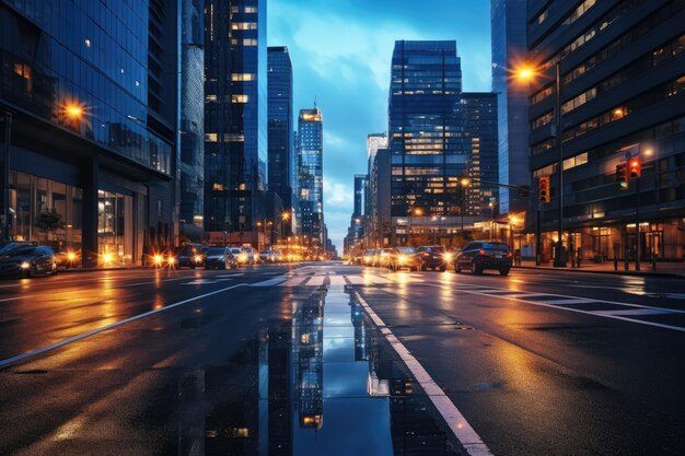 現代の街の夕暮れの光 暗い道路のぼんやりしたイメージ 輝く光 高い建物 塔 摩天楼 道路 自動車 ジェネレーティブAI