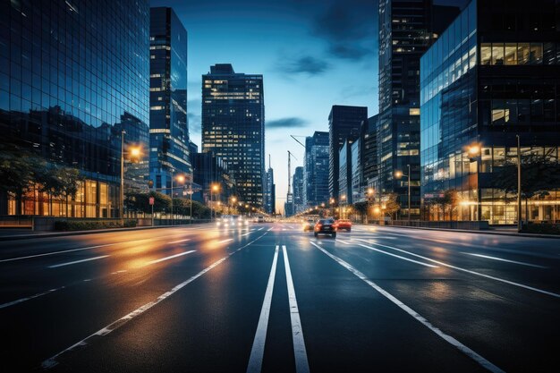 Dusk lights in modern city street scene Blurry image of a neardark road Bright lights tall buildings towers skyscrapers roads cars by Generative AI
