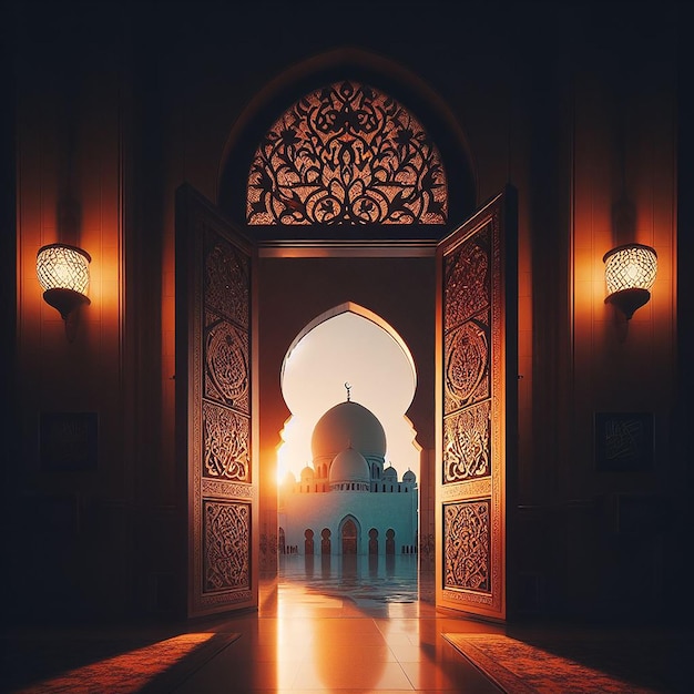 Dusk Scene with Warm Glow of Setting Sun Illuminating Mosque Door and Dome Silhouette