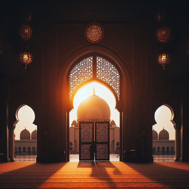 Dusk Scene with Warm Glow of Setting Sun Illuminating Mosque Door and Dome Silhouette