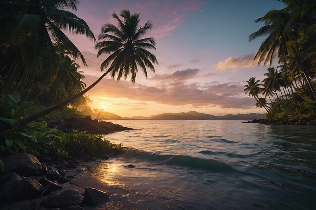 Photo dusk settling over a tropical palmlined shore